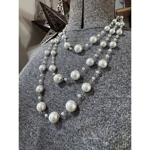 Layered Faux Pearl Necklace Multi Strand Classic Pearl Statement Silver Tone